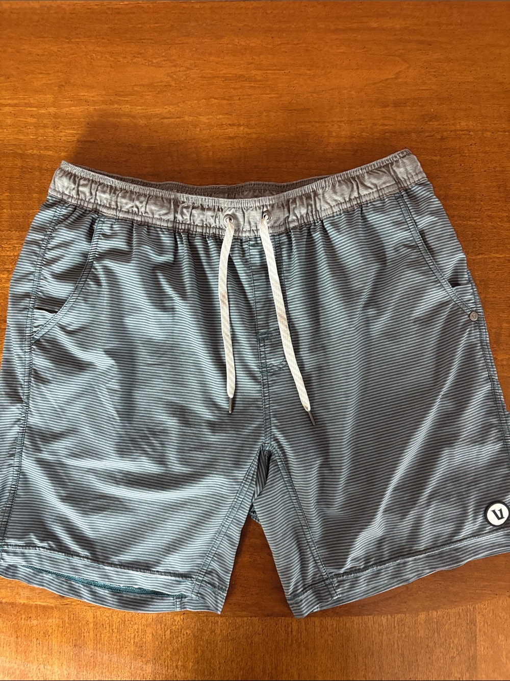 Vuori Blue Striped Athletic Shorts with White Drawstring